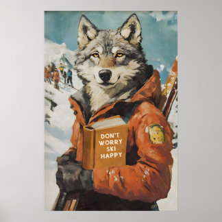 Wolf Skiing Kunst Druck Lustiger Alpen Lodge Wand Poster