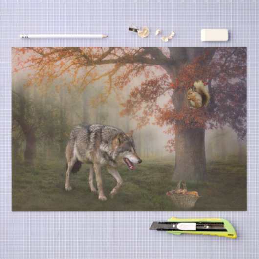 Wolf Squirrel Fantasy Herbstwald Landschaft Seidenpapier (Handwerk)