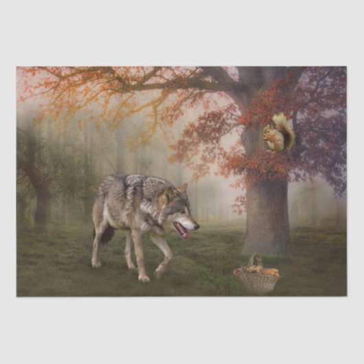 Wolf Squirrel Fantasy Herbstwald Landschaft Seidenpapier (Vorderseite)