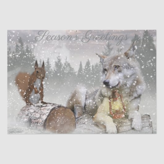 Wolf Squirrel Winter Snow Forest Moon Landschaft Seidenpapier (Vorderseite)
