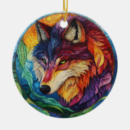 Wolf Stached Glass Keramik Ornament