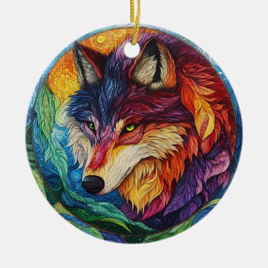 Wolf Stached Glass Keramik Ornament (Vorne)