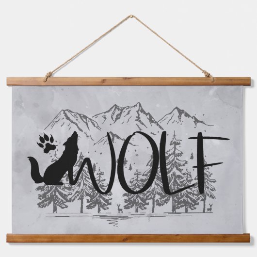Wolf Text Graphic Art Animal Nature Mountains Wandteppich Mit Holzrahmen (Vorne)