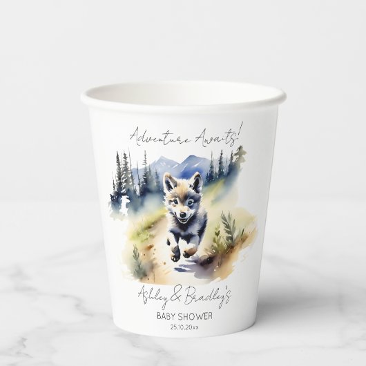Wolf-Themenabenteuer erwartet Baby-Duschgeschirr Pappbecher (Rückseite)