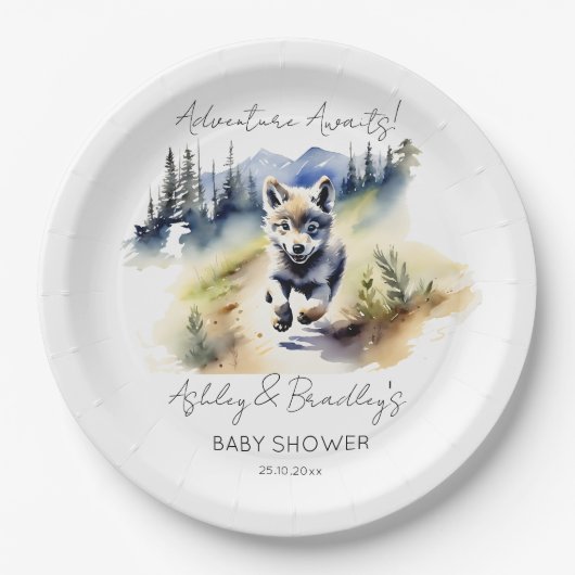Wolf-Themenabenteuer erwartet Baby-Duschgeschirr Pappteller (Vorderseite)