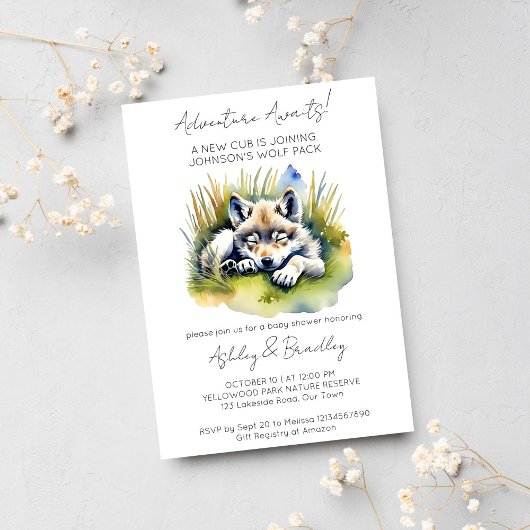 Wolf-Themenabenteuer erwartet Babydusche Einladung