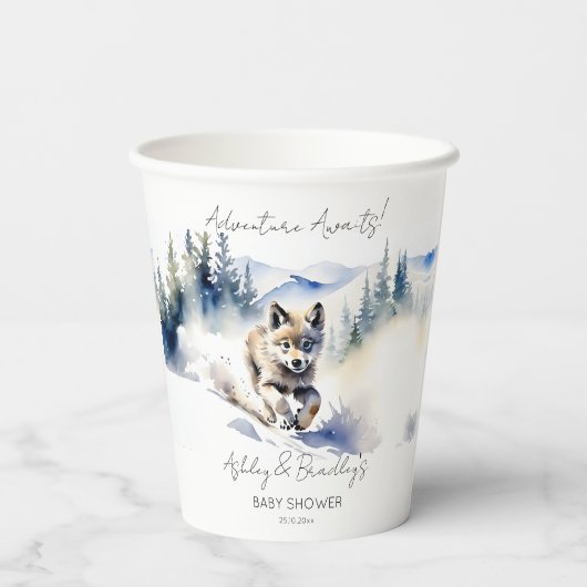 Wolf-Themenabenteuer erwartet Babydusche Pappbecher (Rückseite)