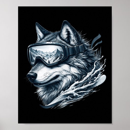 Wolf trägt Ski-Schneebrettbrille Wolf Skifahren Poster (Vorne)