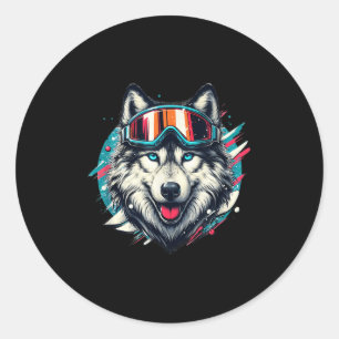 Wolf trägt Ski-Schneebrille Wolf Skifahren Liebt Runder Aufkleber