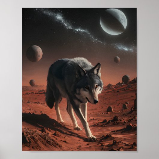 Wolf über Alien Planet Space Poster (Vorne)