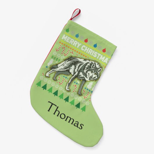 Wolf Ugly Christmas Sweater Wildlife Series Kleiner Weihnachtsstrumpf (Vorderansicht (hängend))