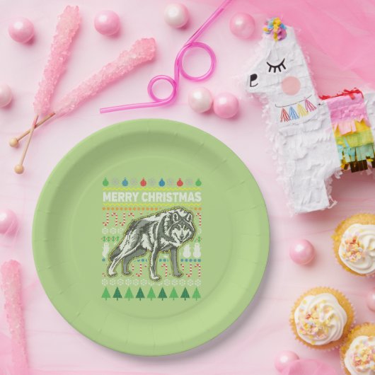 Wolf Ugly Christmas Sweater Wildlife Series Pappteller (Party)