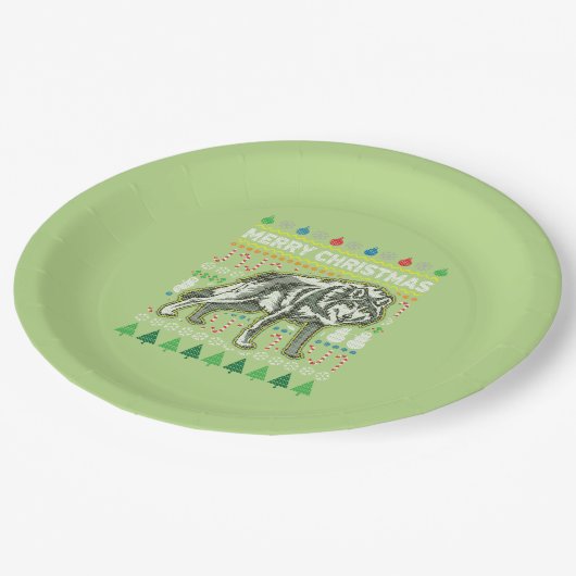 Wolf Ugly Christmas Sweater Wildlife Series Pappteller (Schrägansicht)