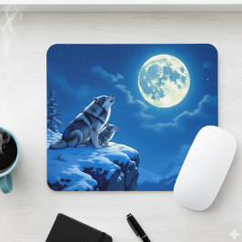 Wolf und Baby Cub Howling auf Vollmond Mousepad