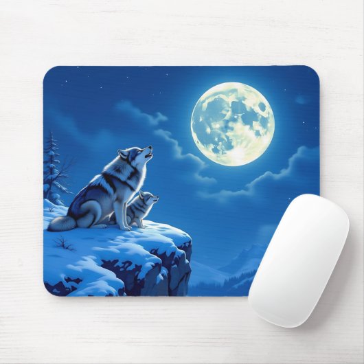Wolf und Baby Cub Howling auf Vollmond Mousepad (Mit Mouse)