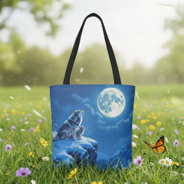 Wolf und Baby Cub Howling auf Vollmond Tasche