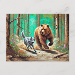 Wolf und Bärenkase Pastel Chalk Forest Scene Postkarte