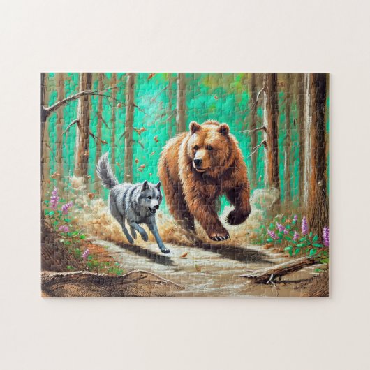Wolf und Bärenkase Pastel Chalk Forest Scene Puzzle (Horizontal)
