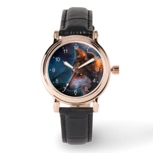 Wolf und der Mond um Mitternacht Armbanduhr