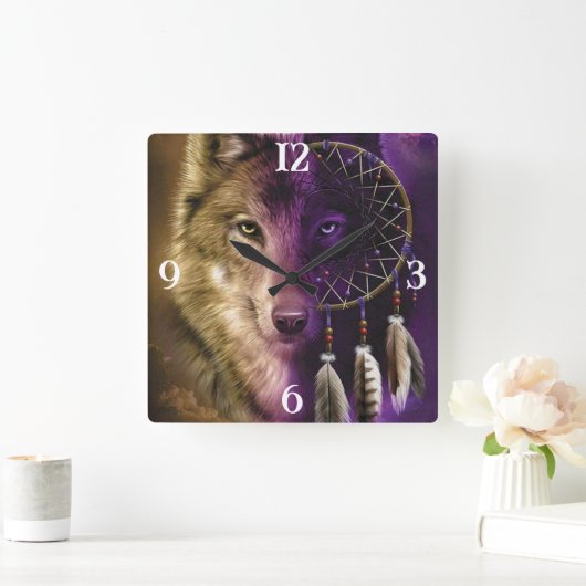 Wolf und Dream Catcher Square Wall Clock Quadratische Wanduhr (Zuhause)