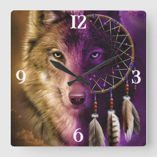 Wolf und Dream Catcher Square Wall Clock Quadratische Wanduhr