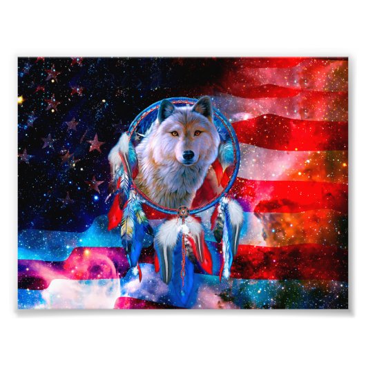 Wolf und Dreamcatcher in amerikanischer Flagge bem Fotodruck (Vorne)