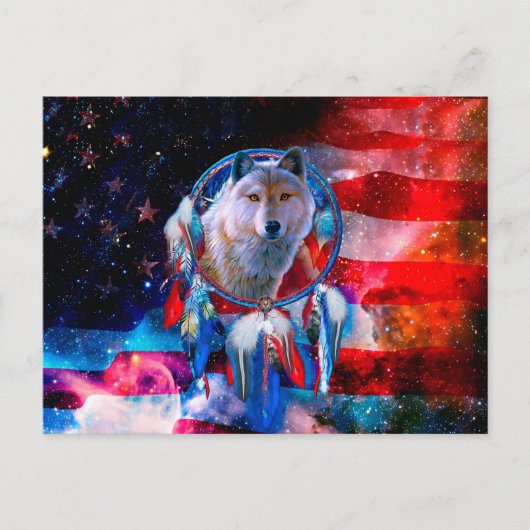Wolf und Dreamcatcher in amerikanischer Flagge bem Postkarte (Vorderseite)