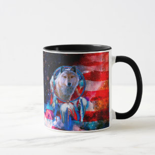 Wolf und Dreamcatcher in der amerikanischen Flagge Tasse