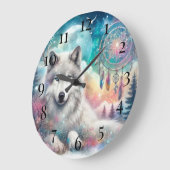Wolf und Dreamcatcher mit dem Mond Große Wanduhr (Winkel)