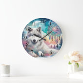 Wolf und Dreamcatcher mit dem Mond Große Wanduhr (Zuhause)