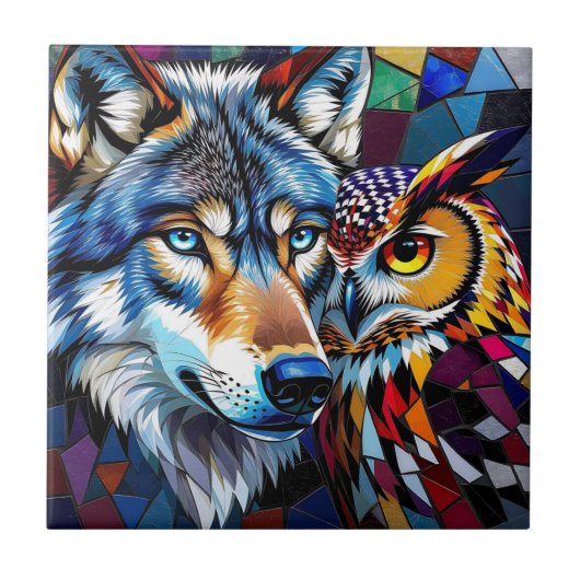 Wolf und Eule Lebendig und Bunt Fliese (Vorderseite)