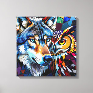 Wolf und Eule Lebendig und Bunt Leinwanddruck