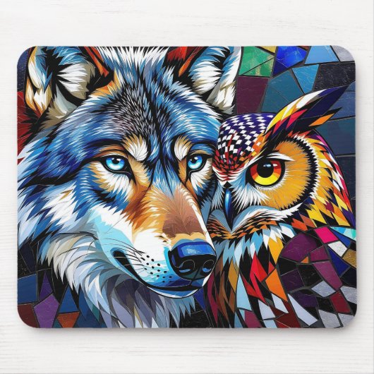 Wolf und Eule Lebendig und Bunt Mousepad (Vorne)