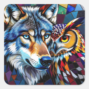 Wolf und Eule Lebendig und Bunt Quadratischer Aufkleber