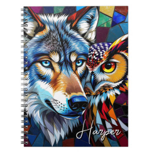 Wolf und Eule Lebendige und Bunte Personalisierte  Notizblock