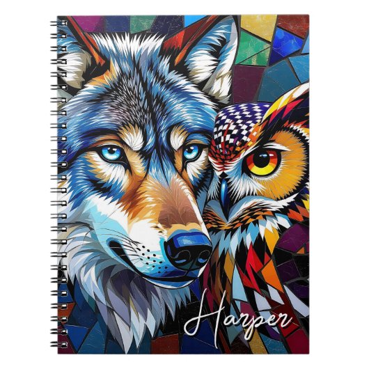 Wolf und Eule Lebendige und Bunte Personalisierte Notizblock (Vorderseite)
