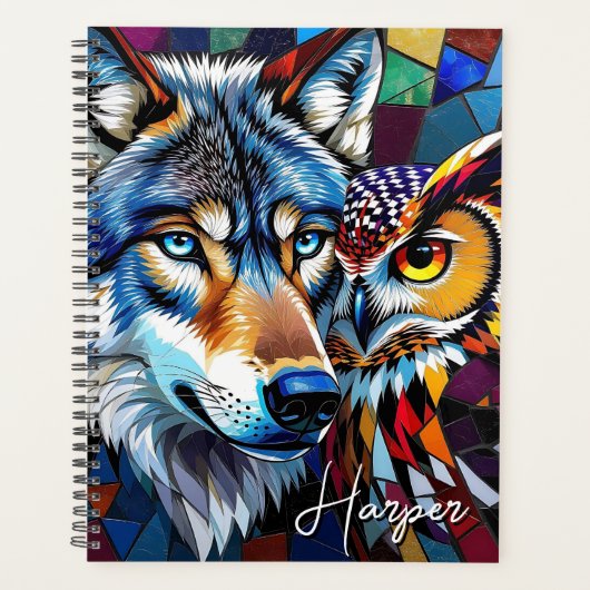 Wolf und Eule Lebendige und Bunte Personalisierte Planer (Vorderseite)
