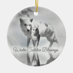 Wolf- und Eulen-Wintersonnenwende-Weihnachtsbaumsc Keramik Ornament