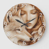 Wolf und Frauen in Feathers Große Wanduhr (Vorderseite)