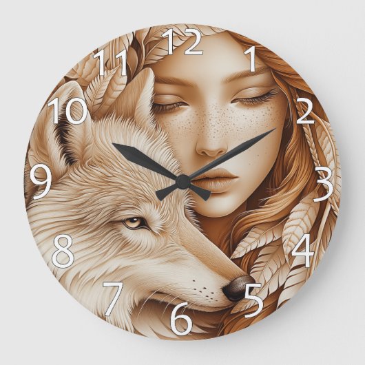 Wolf und Frauen in Feathers Große Wanduhr (Vorderseite)