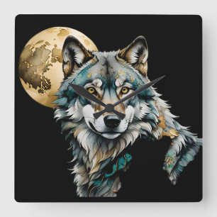 Wolf und Gold Moon Quadratische Wanduhr