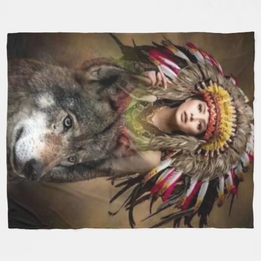 WOLF und INDIAN MADIEN Fleecedecke (Vorderseite (Horizontal))