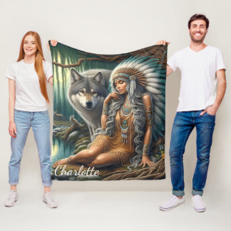 Wolf und Indianer in der Natur Fleecedecke