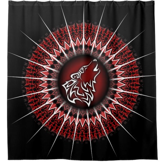 Wolf und Mandala Red White Black Modern Duschvorhang (Vorderseite)