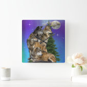 Wolf und Mond   Quadratische Wanduhr (Zuhause)