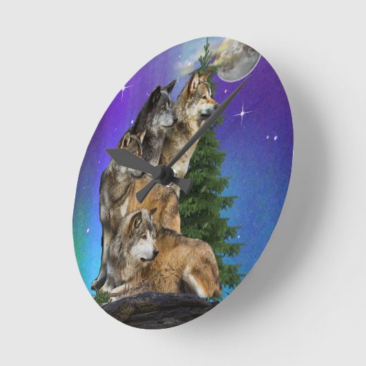Wolf und Mond Runde Wanduhr (Winkel)
