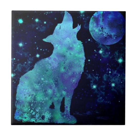 Wolf und Moon Keramik Tile Fliese (Vorderseite)