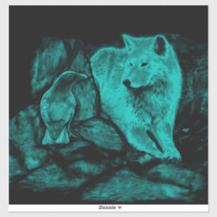 Wolf und Rabe in der Nacht Aufkleber