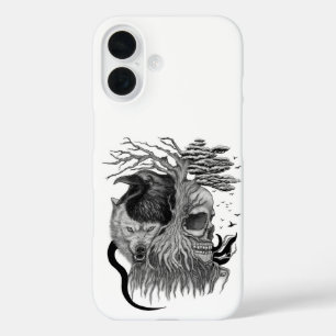 Wolf und Rabe mit Totenkopf iPhone 16 Hülle