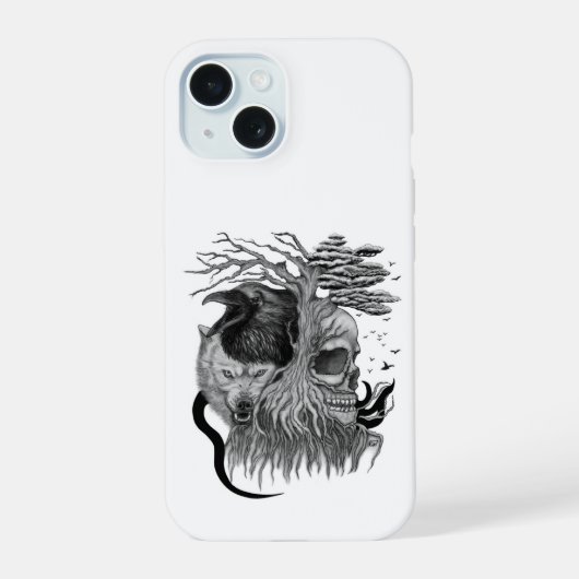 Wolf und Rabe mit Totenkopf iPhone 15 Hülle (Rückseite)